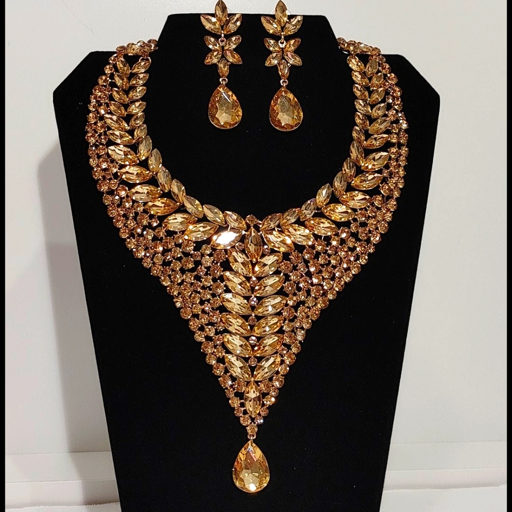 Gold Crystal Drop Necklace Set
